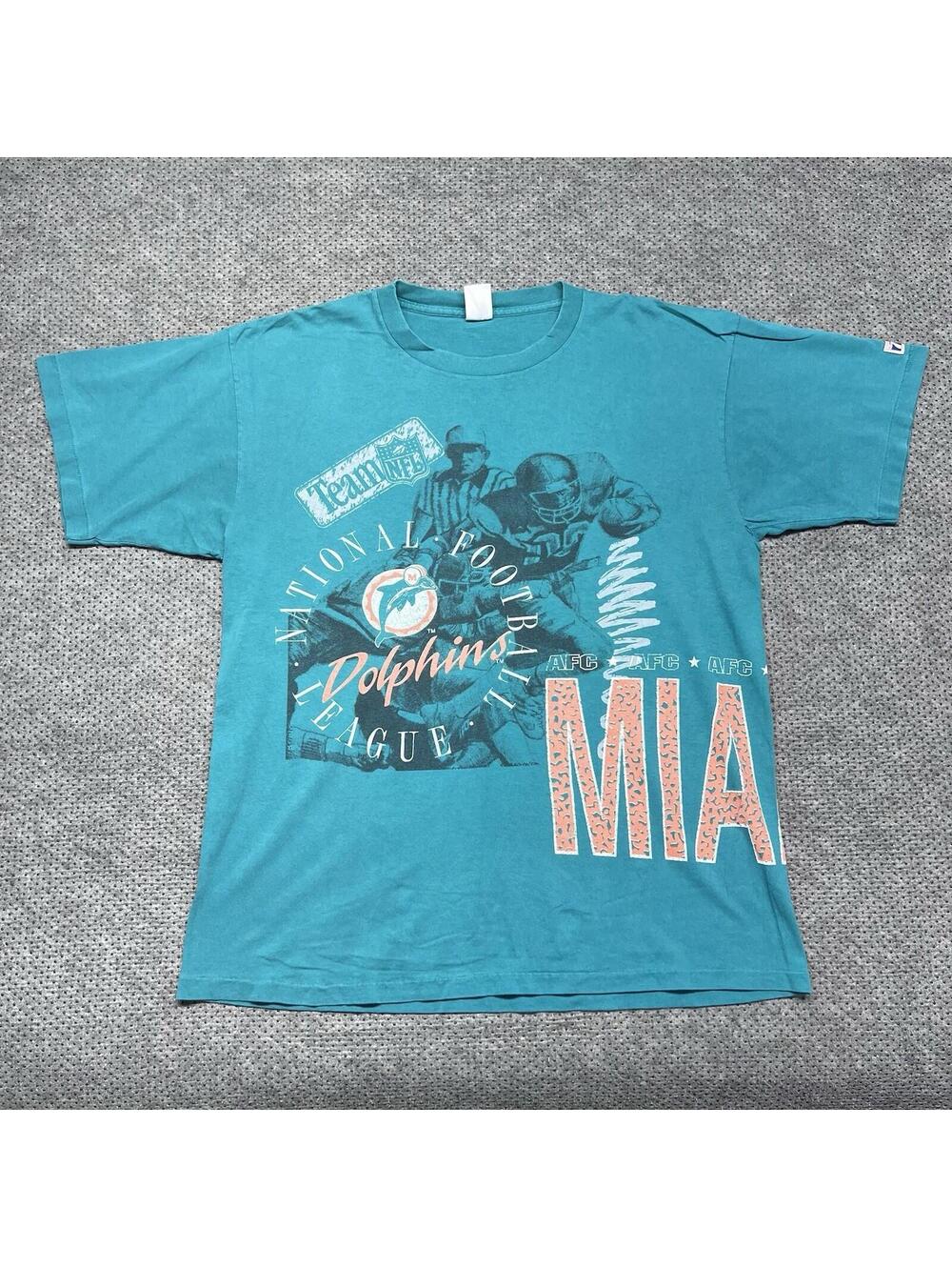 Vintage 90s Logo 7 Miami Dolphins Wraparound Football T-Shirt XL Mens Teal RARE